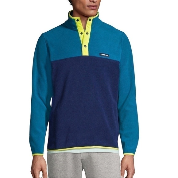NWT Lands End Men’s Colorblock Pullover Snap Button Fleece Size Medium Navy Teal - Picture 1 of 11